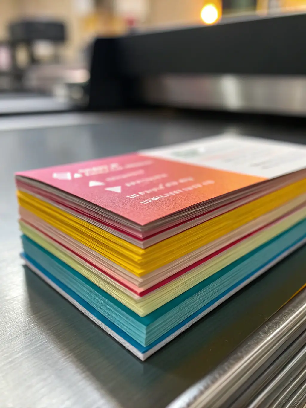 An image showcasing the high-resolution download options available on Koho App, with examples of printed business cards.